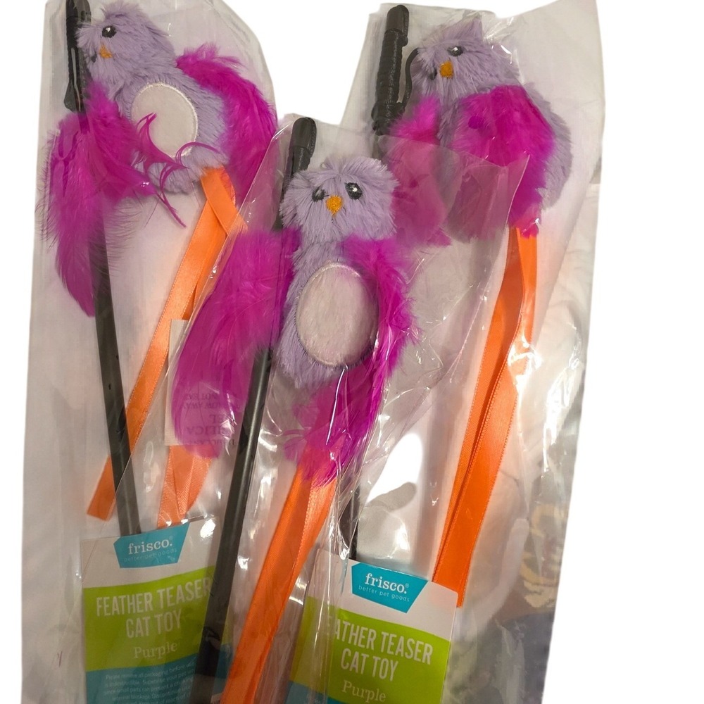 Lot of 3 Frisco Feather Teaser Cat Toy Purple Owl Wand Interactive Ribbon Toy